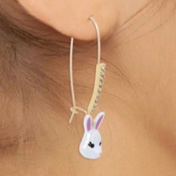 BETSEY JOHNSON White Easter Bunny Crystal-Studded Shepherd’s Hook Earrings NWT - Picture 2 of 2
